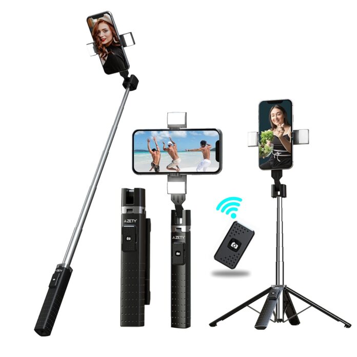 Zety (S30) Selfie Stick (Four Leg) with Dual Fill LED Light and Bluetooth Remote - Extendable Tripod for Perfect Selfies and Group Photos, Compatible with iPhone and Android